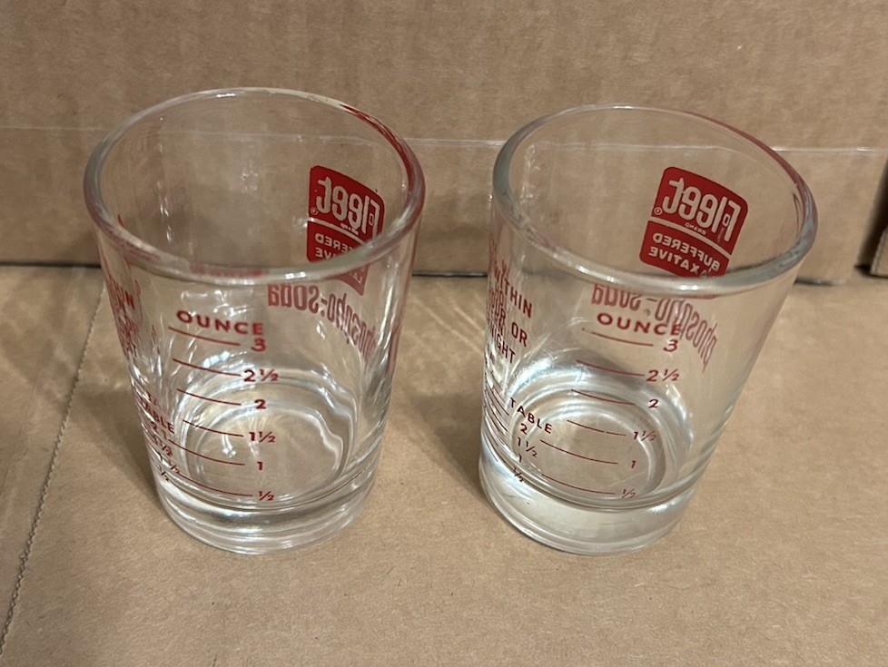 Vintage Fleet Buffered Laxative Phospho-Soda Graduated Medicine Shot Glass x2