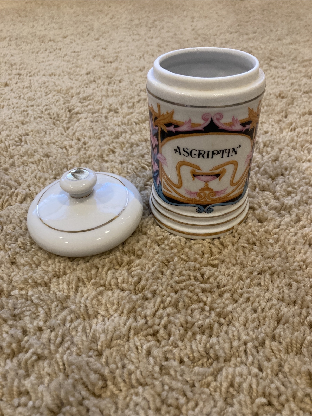 Porcelain APOTHECARY Jar & Lid Ascriptin Made In Japan Medicine Pharmacy Vintage