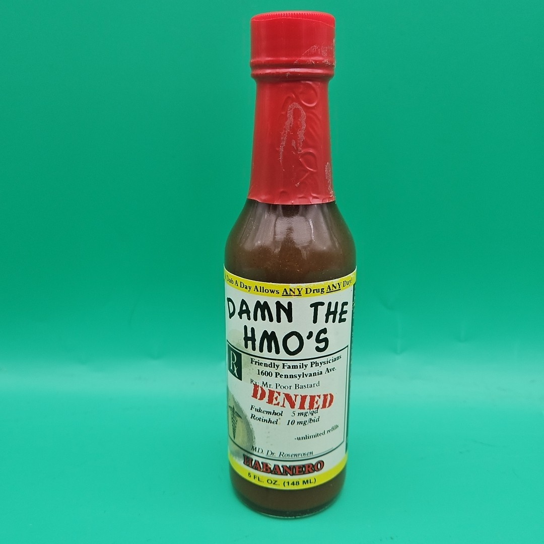 Rare Pharmaceutical Drug Rep Hot Sauce Bottle “Damn The HMO’s” Habanero 5 Oz