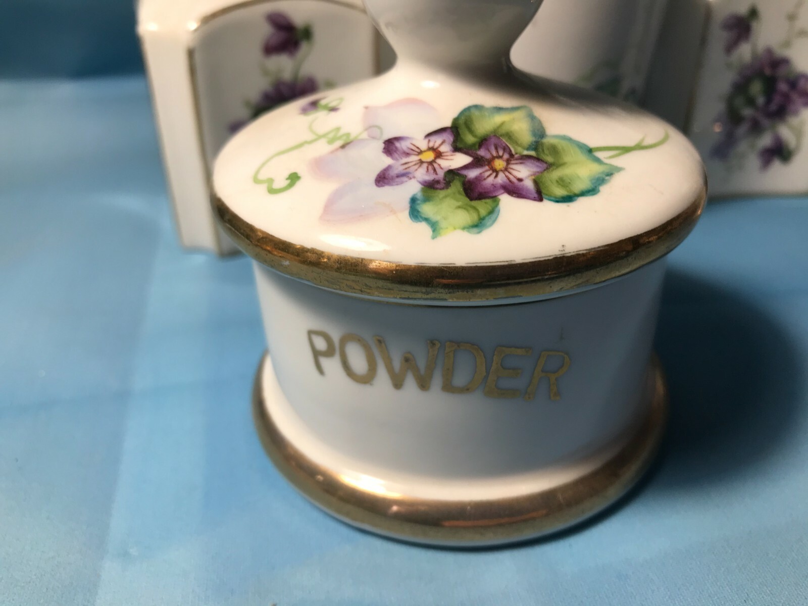 Unusual Vintage 5pc Porcelain Vanity Dresser Set – Purple Violets on White China