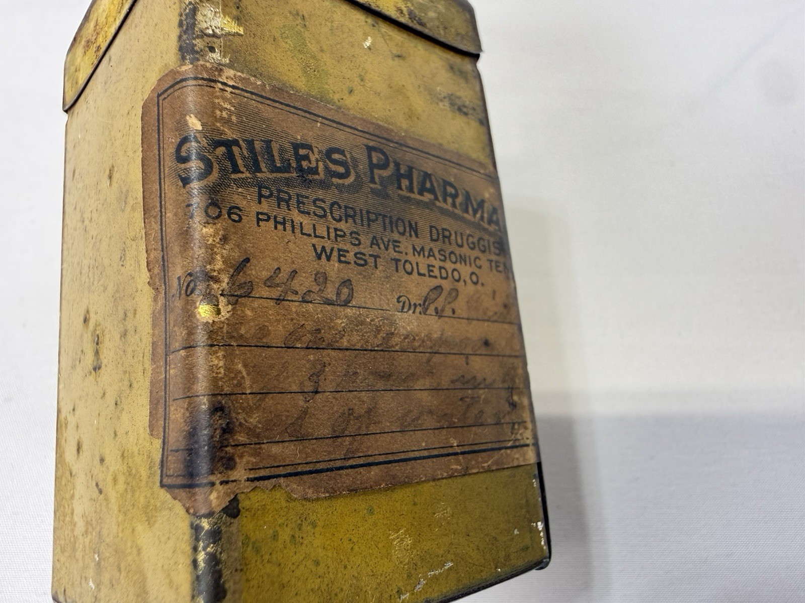 Early To Mid 1900s Vintage Pharmacy Prescription Druggist Tin. Toledo, OH