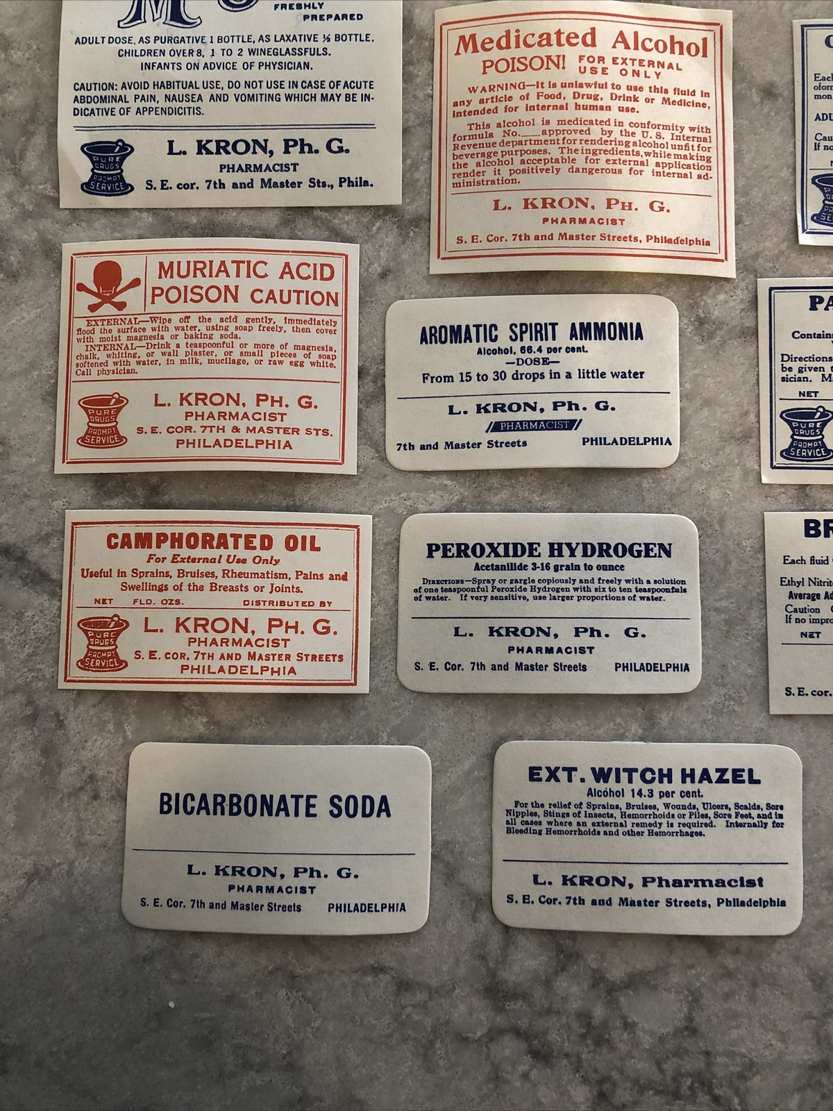 Lot 24 Antique Medicine Bottle Labels Opium, Poison – L. Kron Ph. G. Phila.