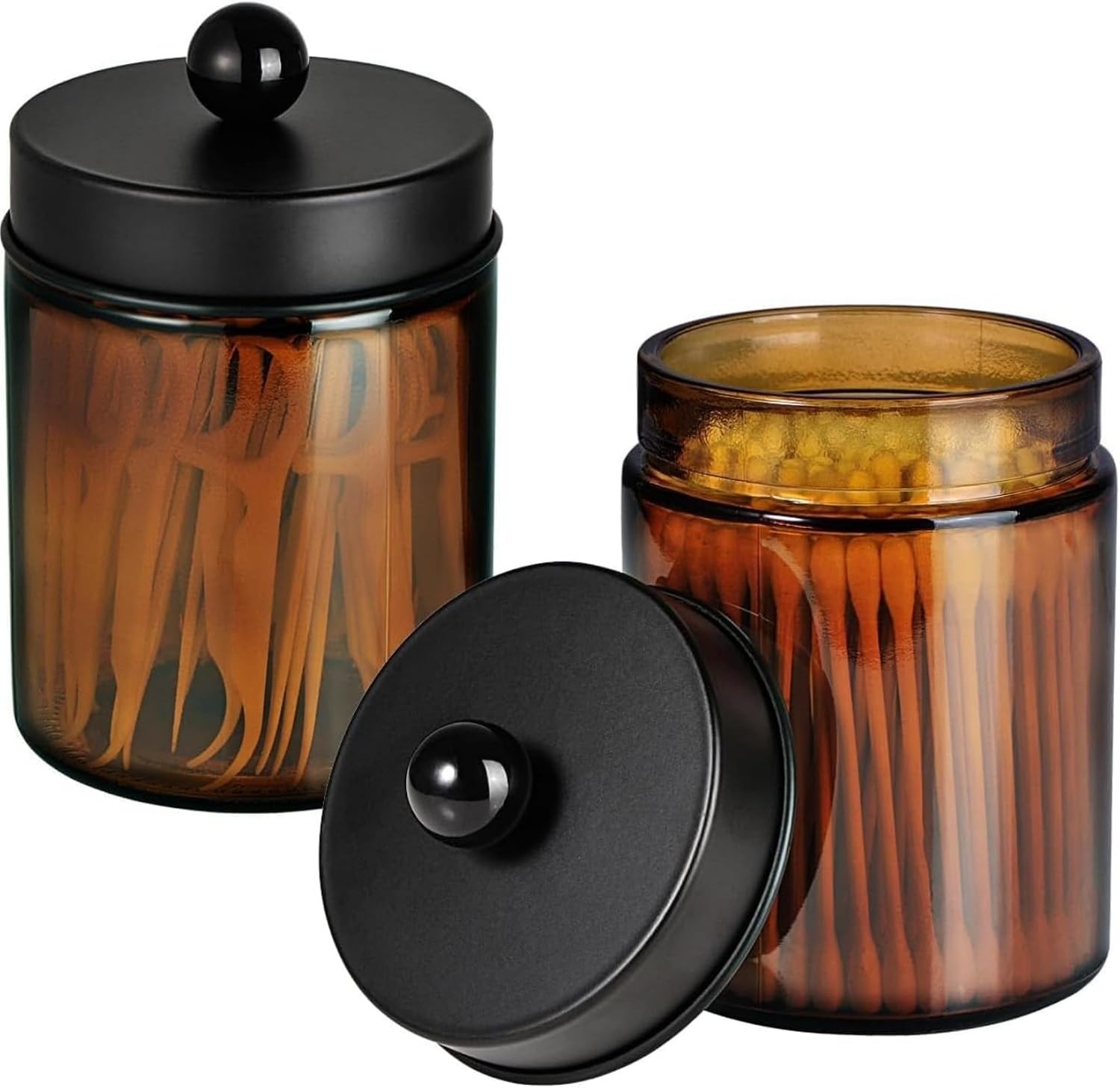 Amber Glass Qtip Holder, Apothecary Jars with Matte Black Metal Lid &