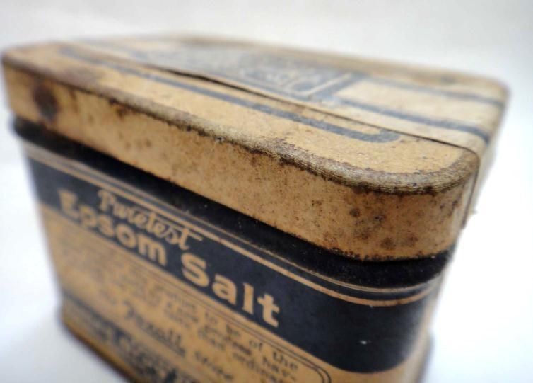 antique EPSOM SALT TIN w CONTENTS rexall store UNITED DRUG CO uc1059