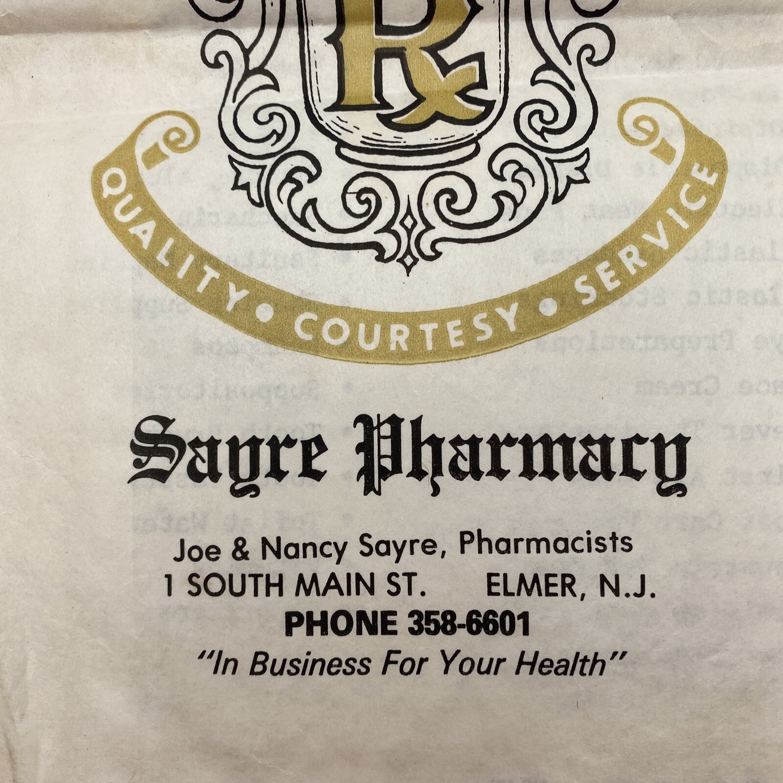 Sagre Pharmacy Paper Prescription Bag Elmer New Jersey Ephemera Prop Vtg 1970s