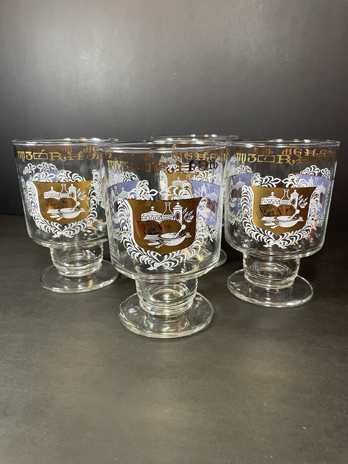 4 MCM Apothecary Pharmacy Medical Rx Gold Trim Footed Bar Drinking Glasses