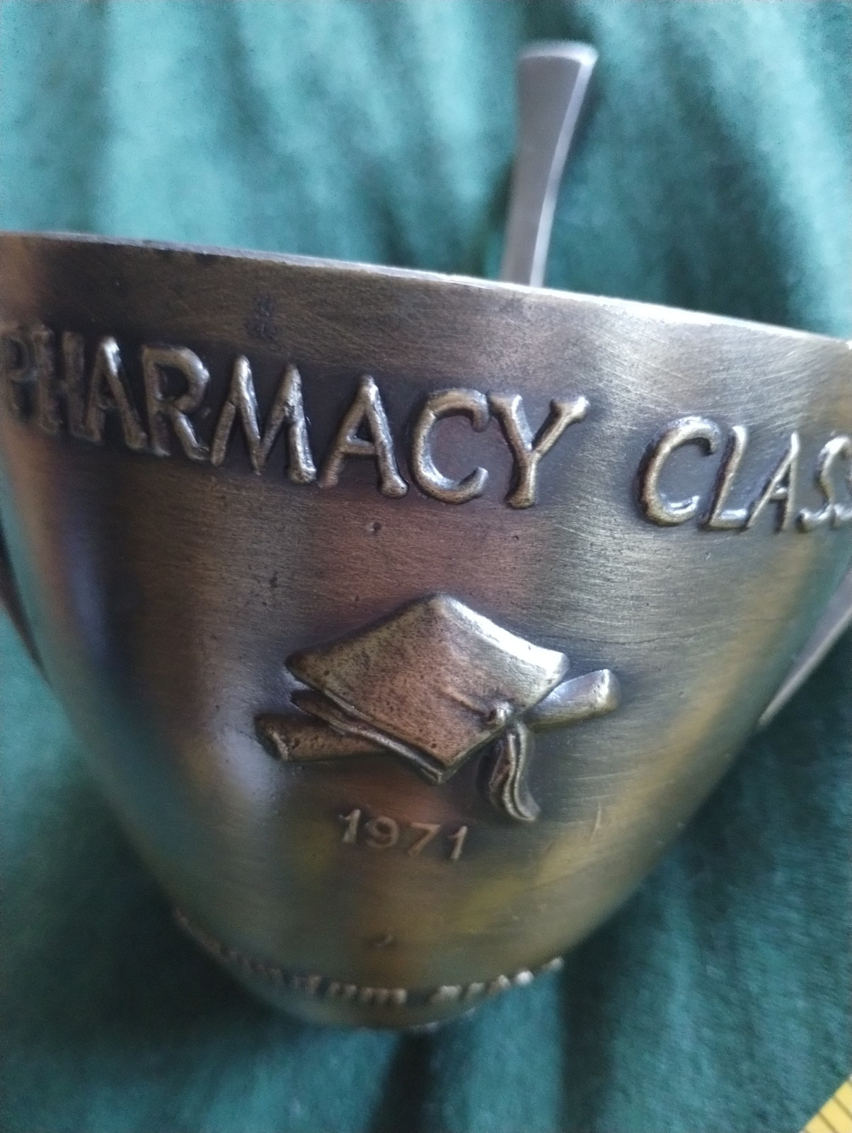 Vintage Brass Rx Graduate 1971 Mortar Pestle MEDICAL HISTORY coricidin INDUSTRY