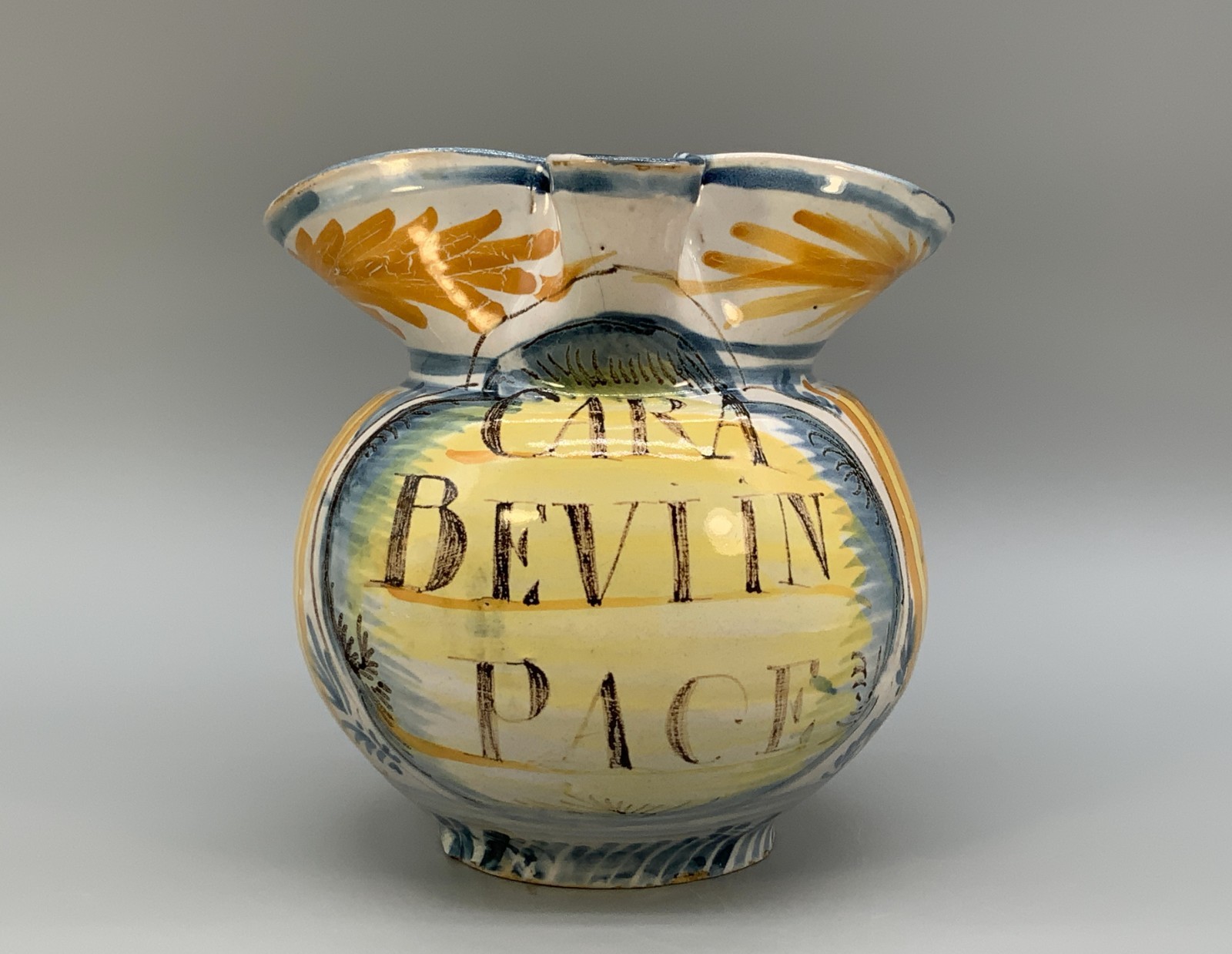 Italian Majolica Pharmacy Jug Polychrome, Mangonese & Yellow 19thC Delft Faience