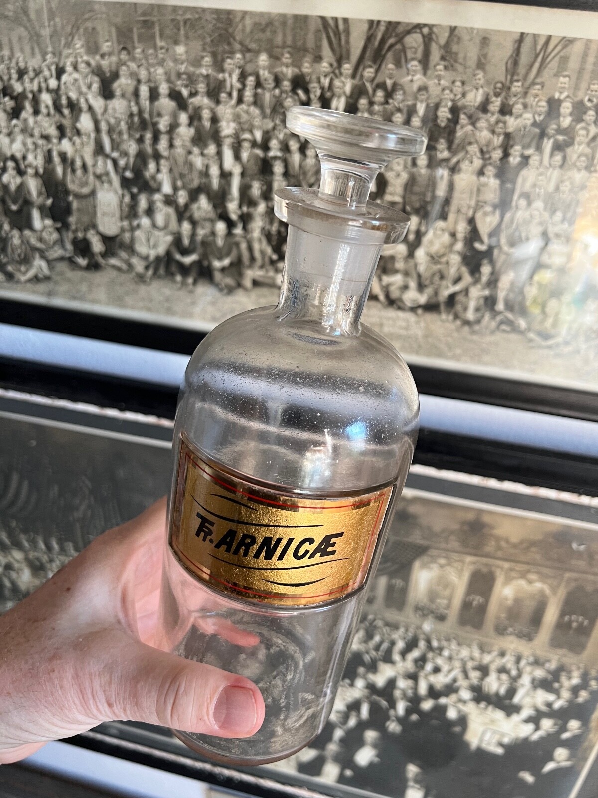 2 Vintage Pharmacy Apothecary Glass Bottles / Gold Labels