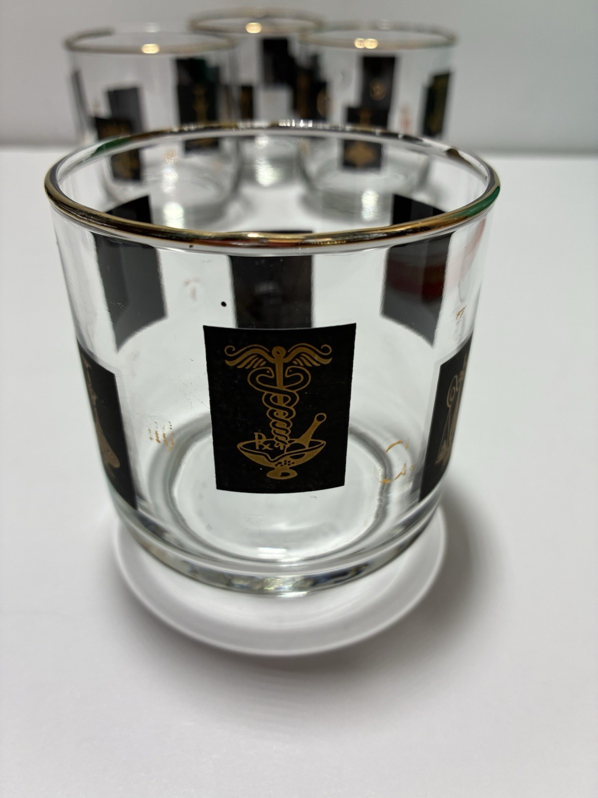 MCM Medical Pharmacy Libbey Glasses Black & 22 KT Gold 7 Tall 7 Medium 4 Short