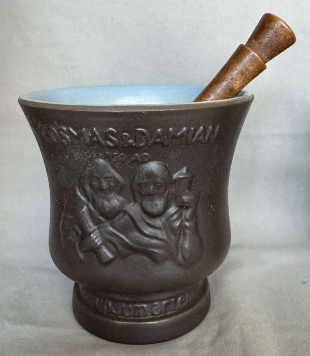 Pair- Schering 1966 Coricidin Cosmas & Damian Ceramic Mortar & Pestles 5″ tall