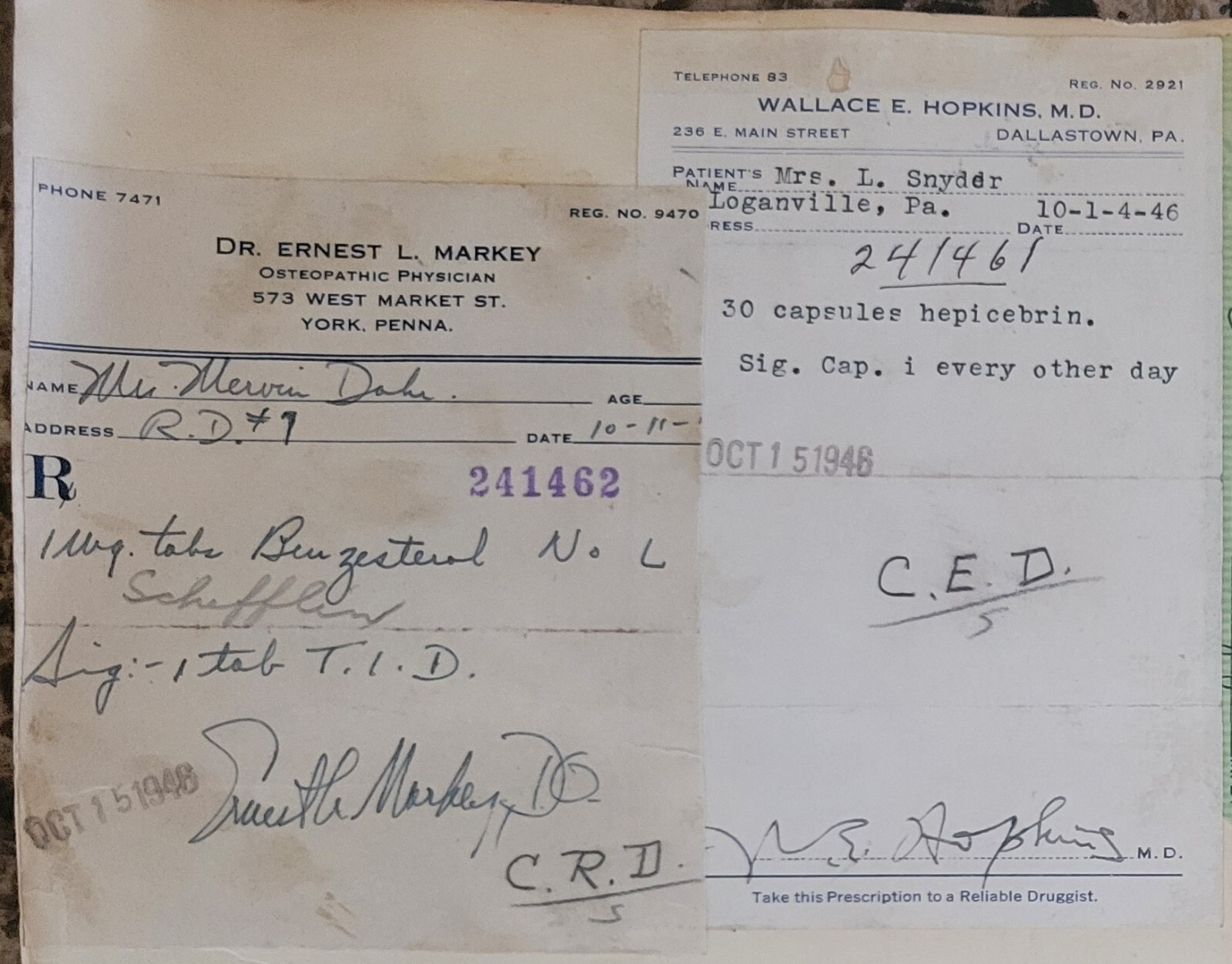 1946 2-sided Pharmacy Ledger Page – 16 vintage prescriptions – ERGOT