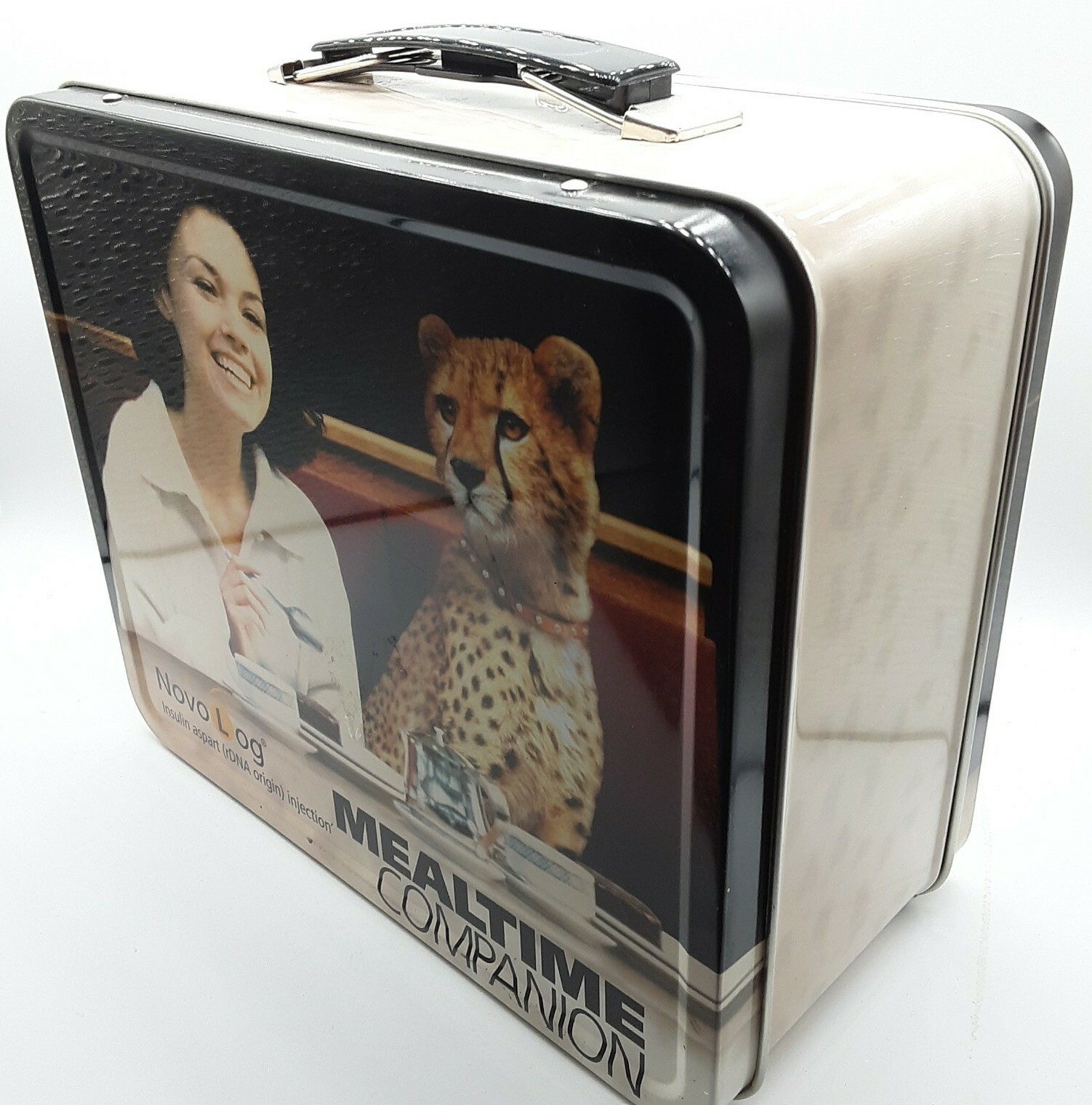Vintage Pharmaceutical Drug rep collectibles 1970s lady cheetah at lunch tin box