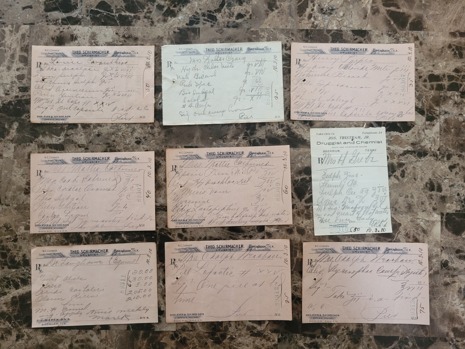 File box & 70 antique prescriptions (1910) – Codeine, Poisons, Equine