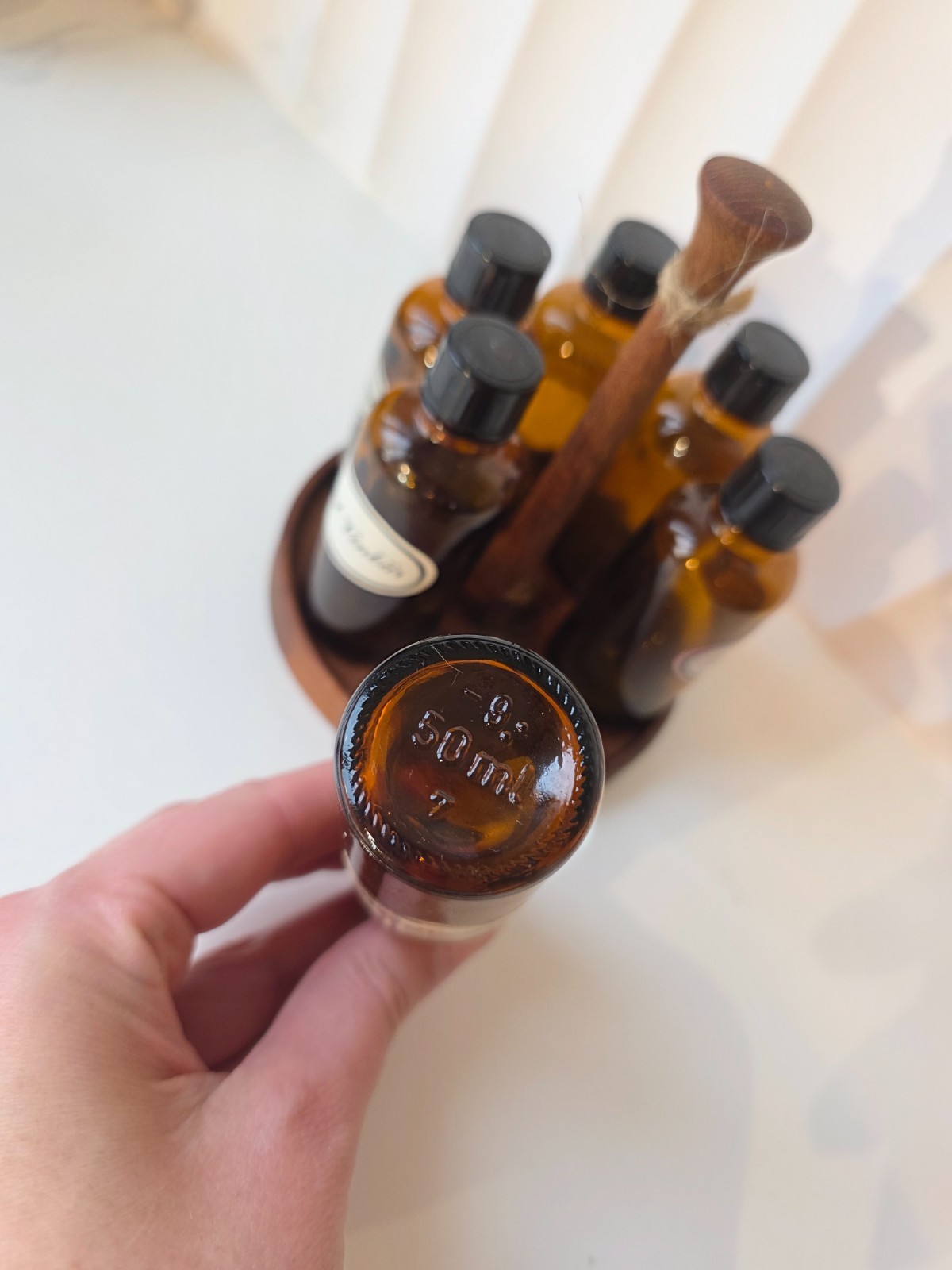 Rare Swedish 1960s apothecary tincture bottles set in wooden stand