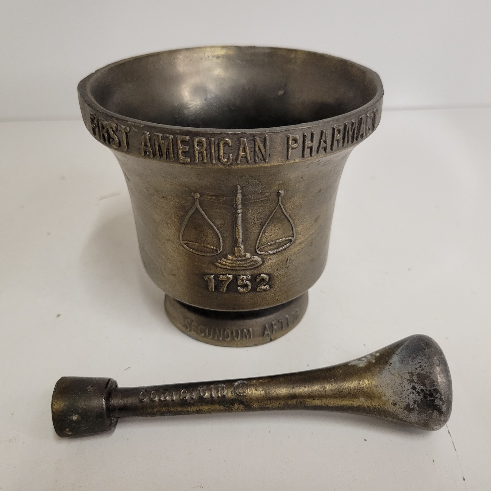 VTG Brass Bronze Schering Mortar & Coricidin Pestle 1752 First American Pharmacy
