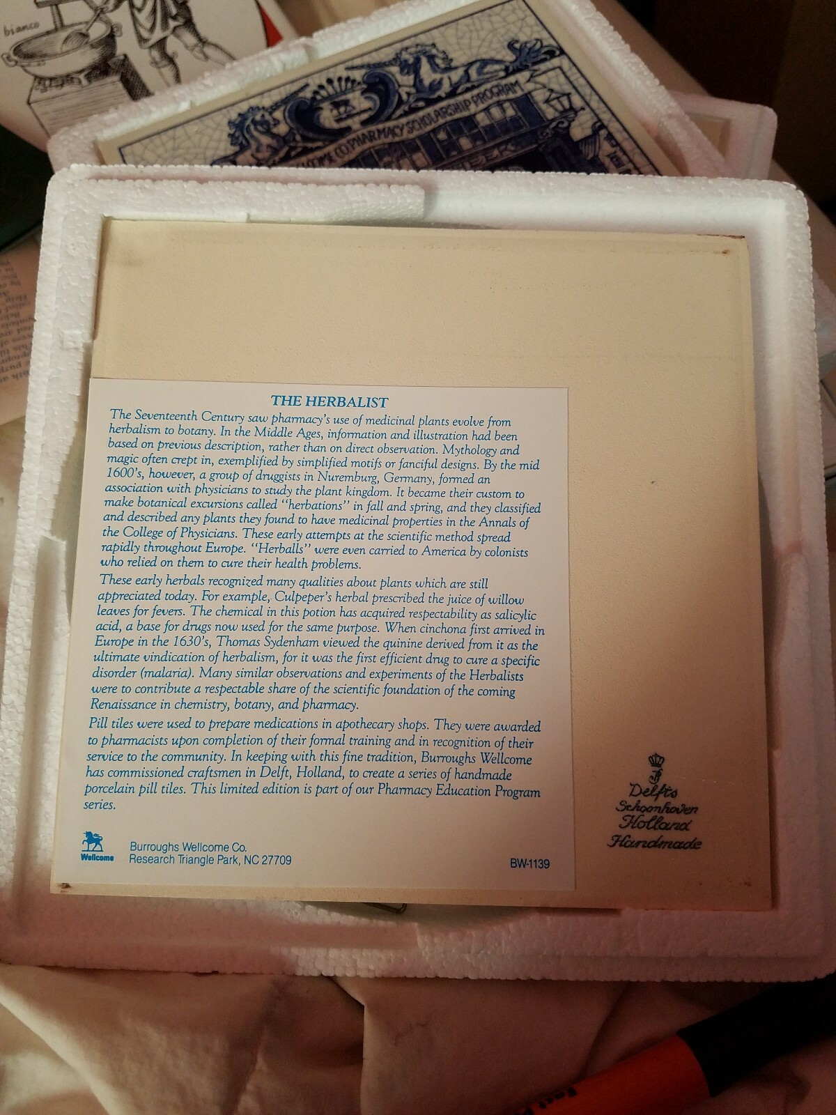 BURROUGHS WELLCOME Pharmacy Pill Tile Handmade DELFT Apothecary #10