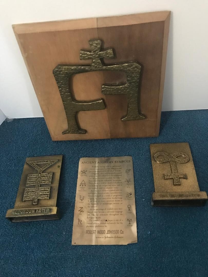 Vintage Pharmacy Apothecary Greek symbols brass paperweights Tinactin adv