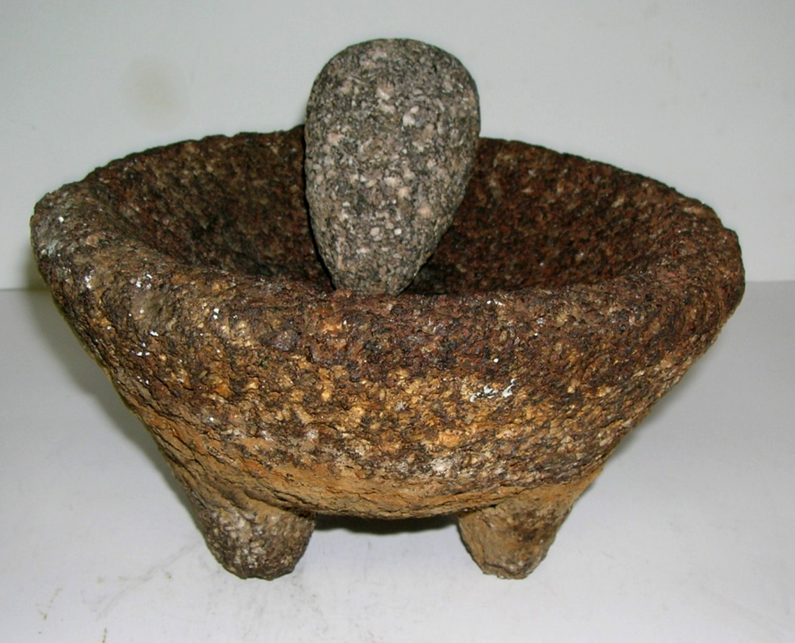 Mortar & Pestle Antique Hand Carved Stoneware 3 Legged 7″ wide Porous Primitive