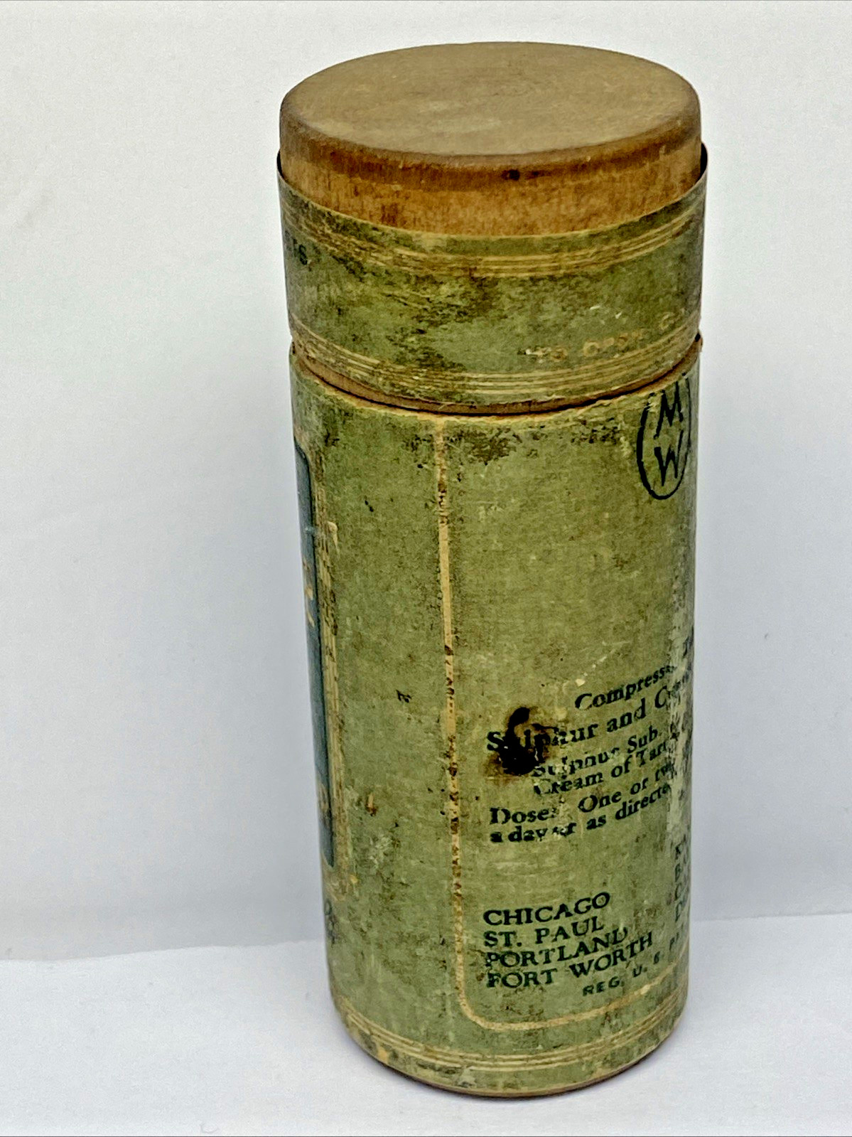 VINTAGE WARDGRADE SULPHER & CREAM OF TARTAR WOOD CONTAINER MONTGOMERY WARD