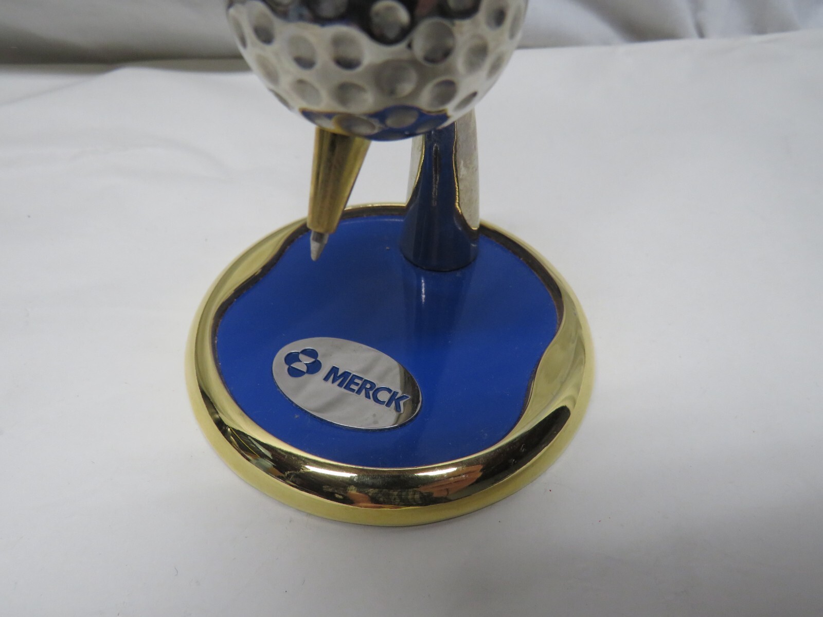 BALLPOINT PEN WITH GOLFBALL HOLDER BRASS OR GOLD-PLATED ~GIFT BY MERCK CO ~WORKS