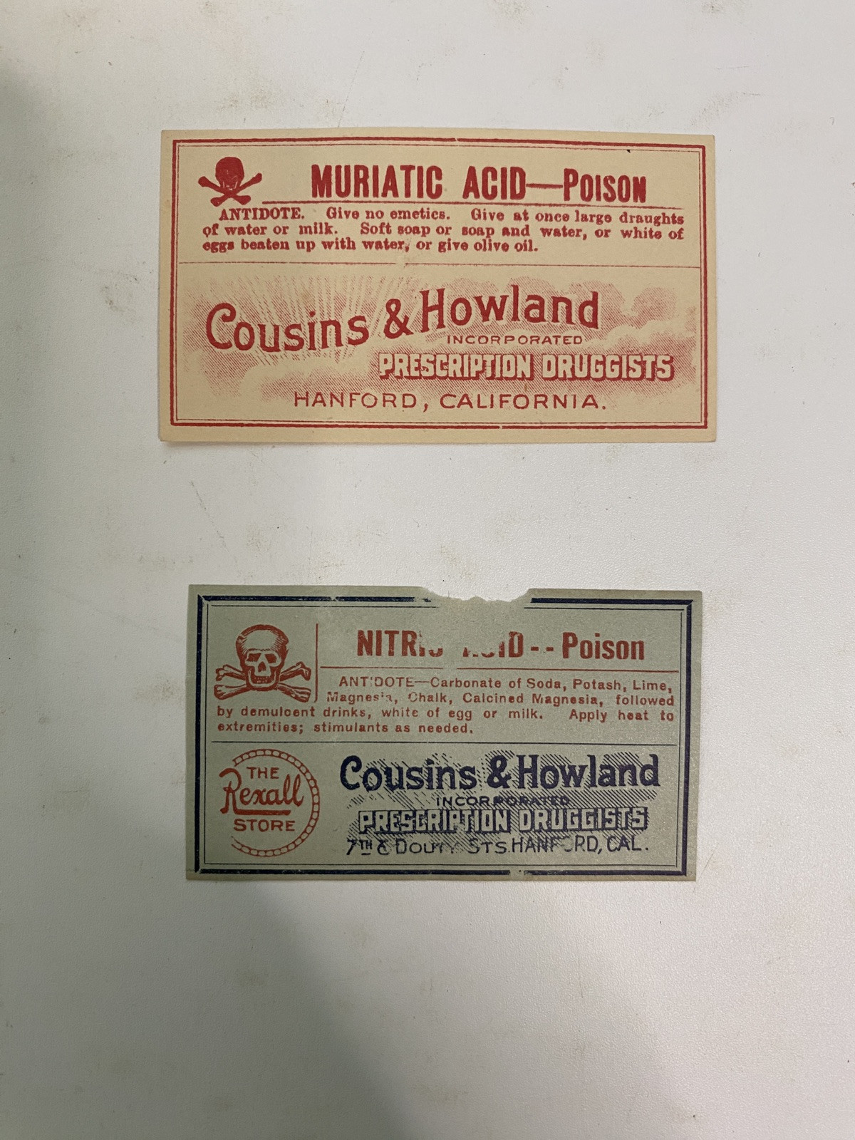 COUSINS HOWLAND Druggist Pharmacy Hanford California Label Muriatic Acid Nitric