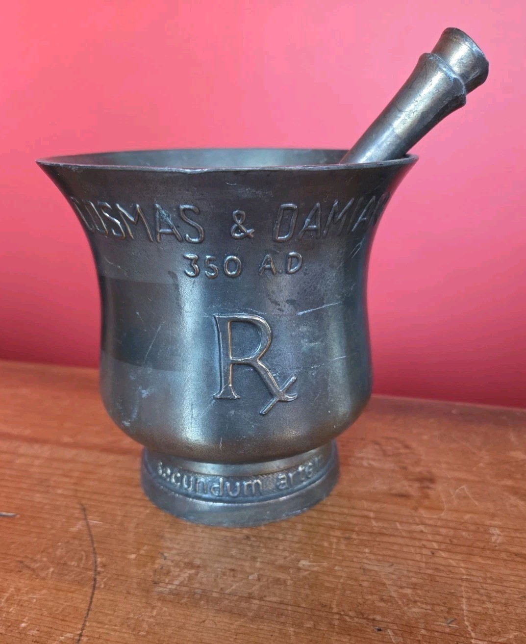 Vintage-Collectible-Brass Mortar and Pestle-RX Cosmas & Damian 350 AD