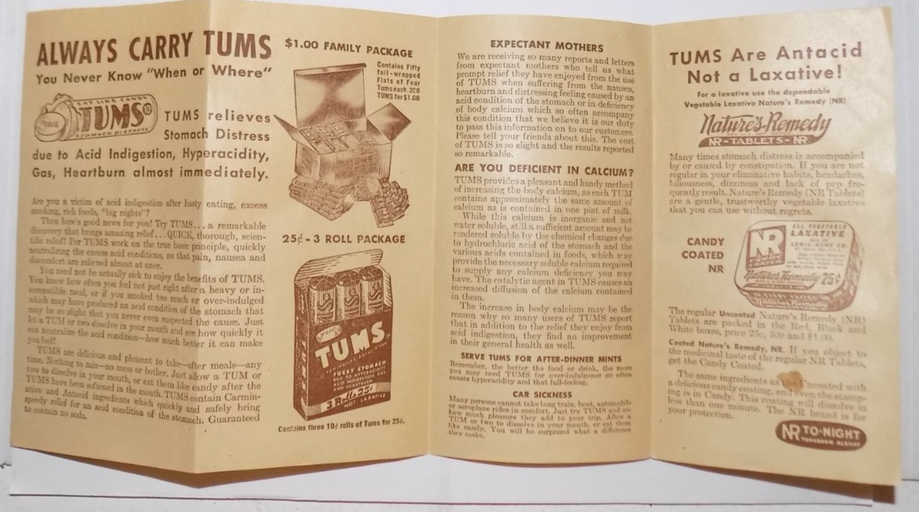 Vintage Paper 1933’s Nature’s Remedy Tablets Directions, & brochure +Old Tums Ad