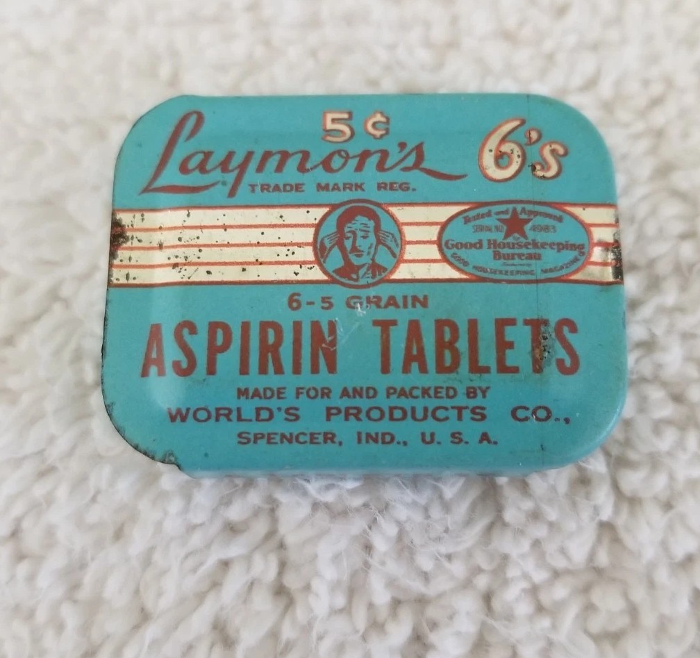 Vintage Aspirin Tin Lot:Yellow Anacin tin & Laymon’s 5¢ Tin World’s Products Co