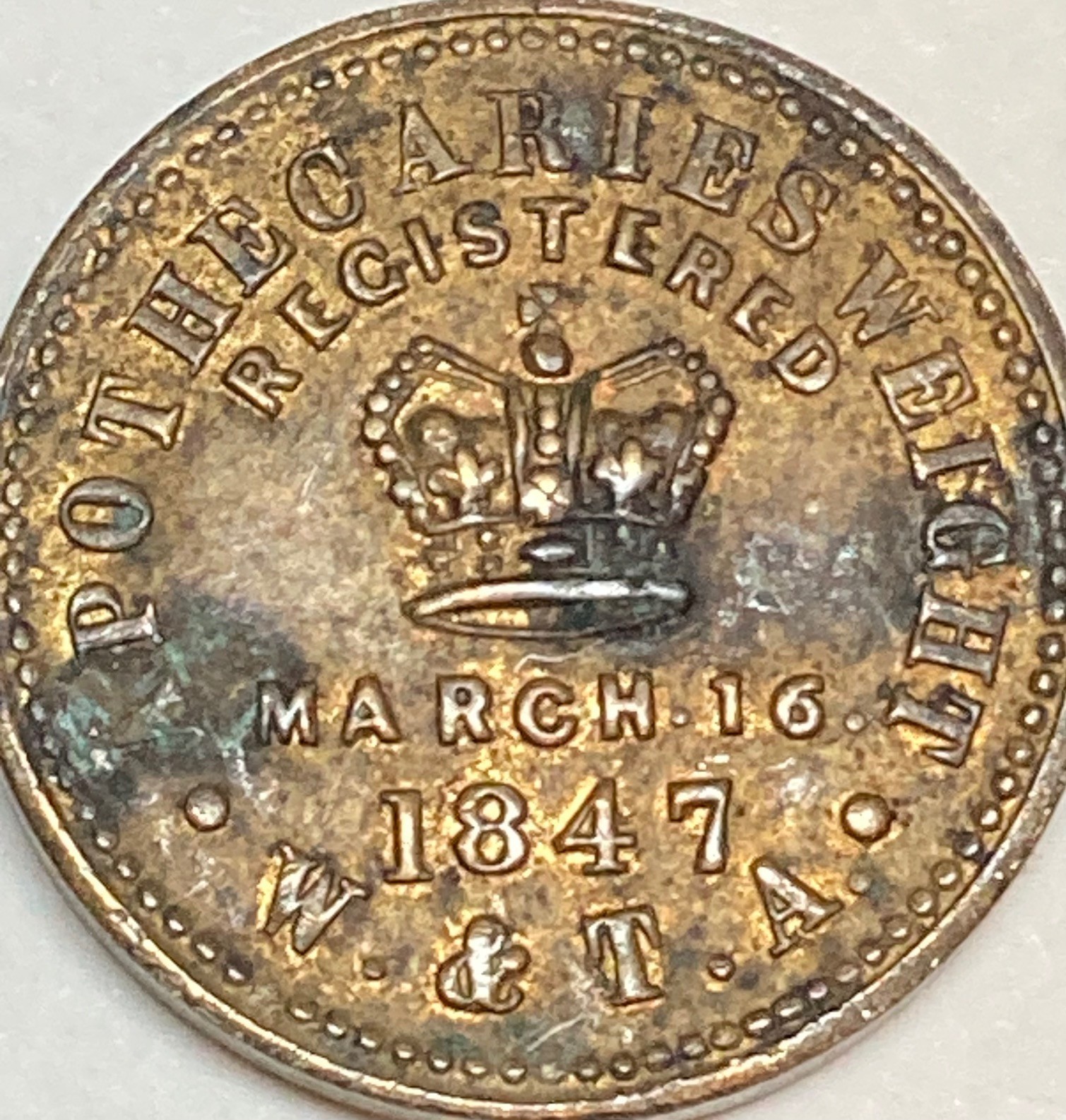 Two Drams 3ij brass Apothecary Weight Victorian Registered March 16 1847 W & T.A
