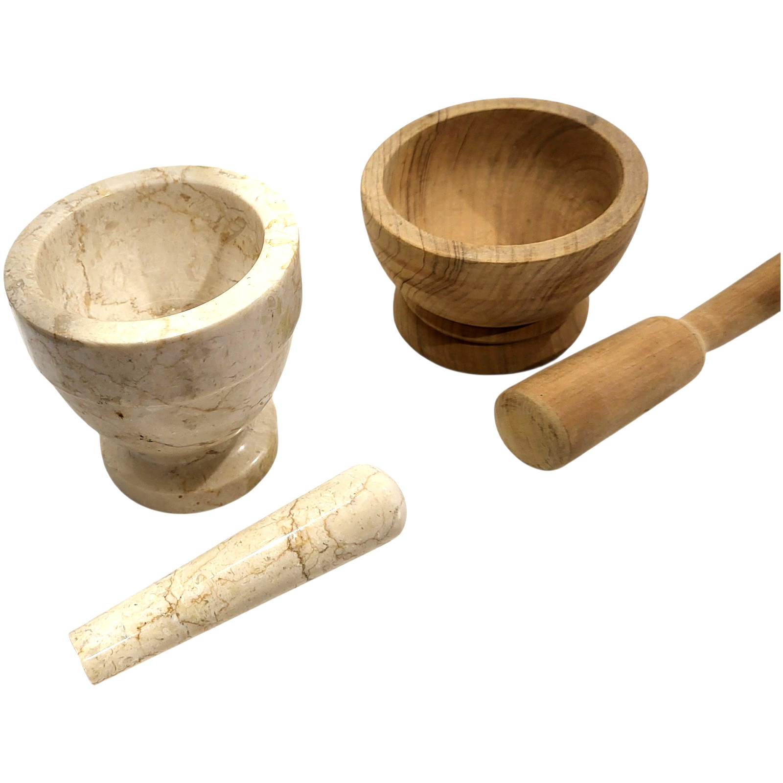 LOT of 2 Vintage 1960s 70s Mortar and Pestle * Italian MARBLE * WOOD 4″ x 4″