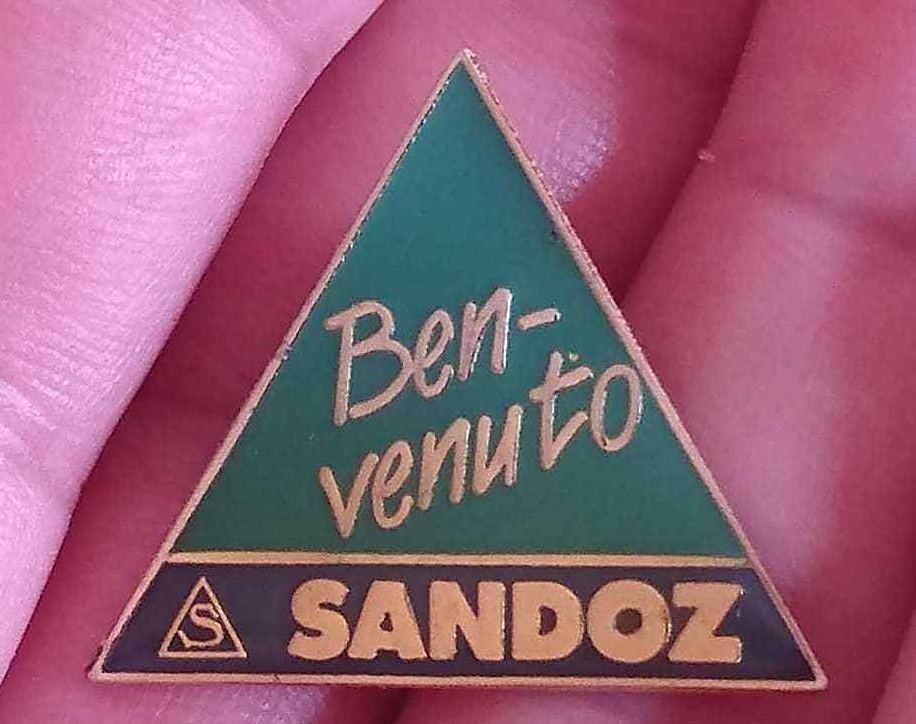 SANDOZ Pharmaceuticals pin LSD Albert Hofmann – BENVENUTO logo pin badge