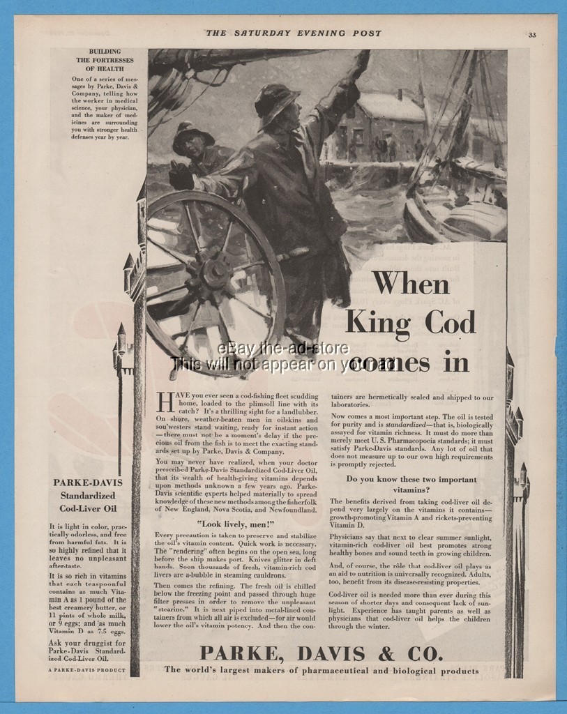 1928 Parke Davis Standardized Cod Liver Oil Medicine King Cod fisherman art Ad