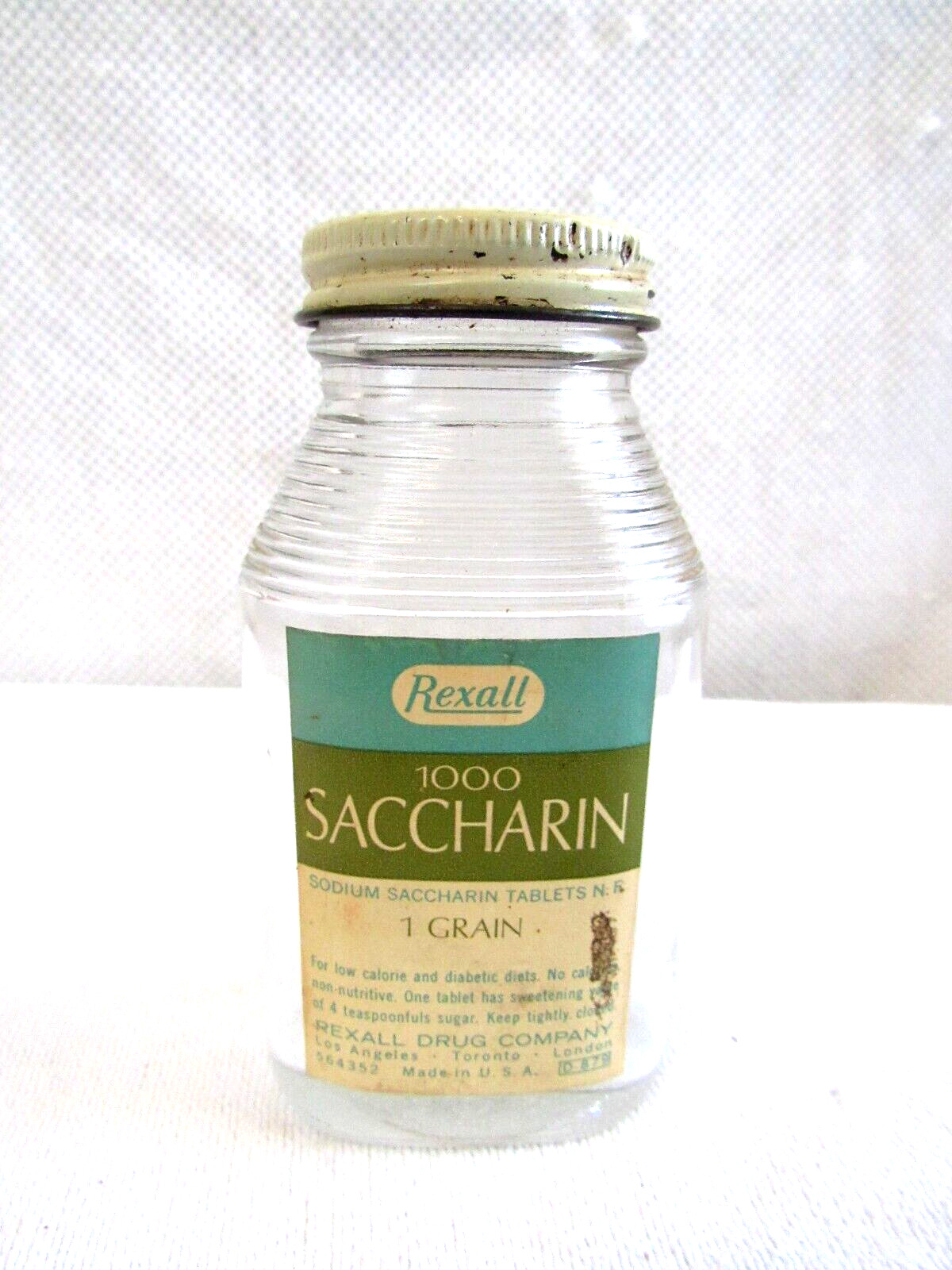 VINTAGE REXALL DRUG 1000 SACCHARIN TABLET BOTTLE 4.75″ TALL
