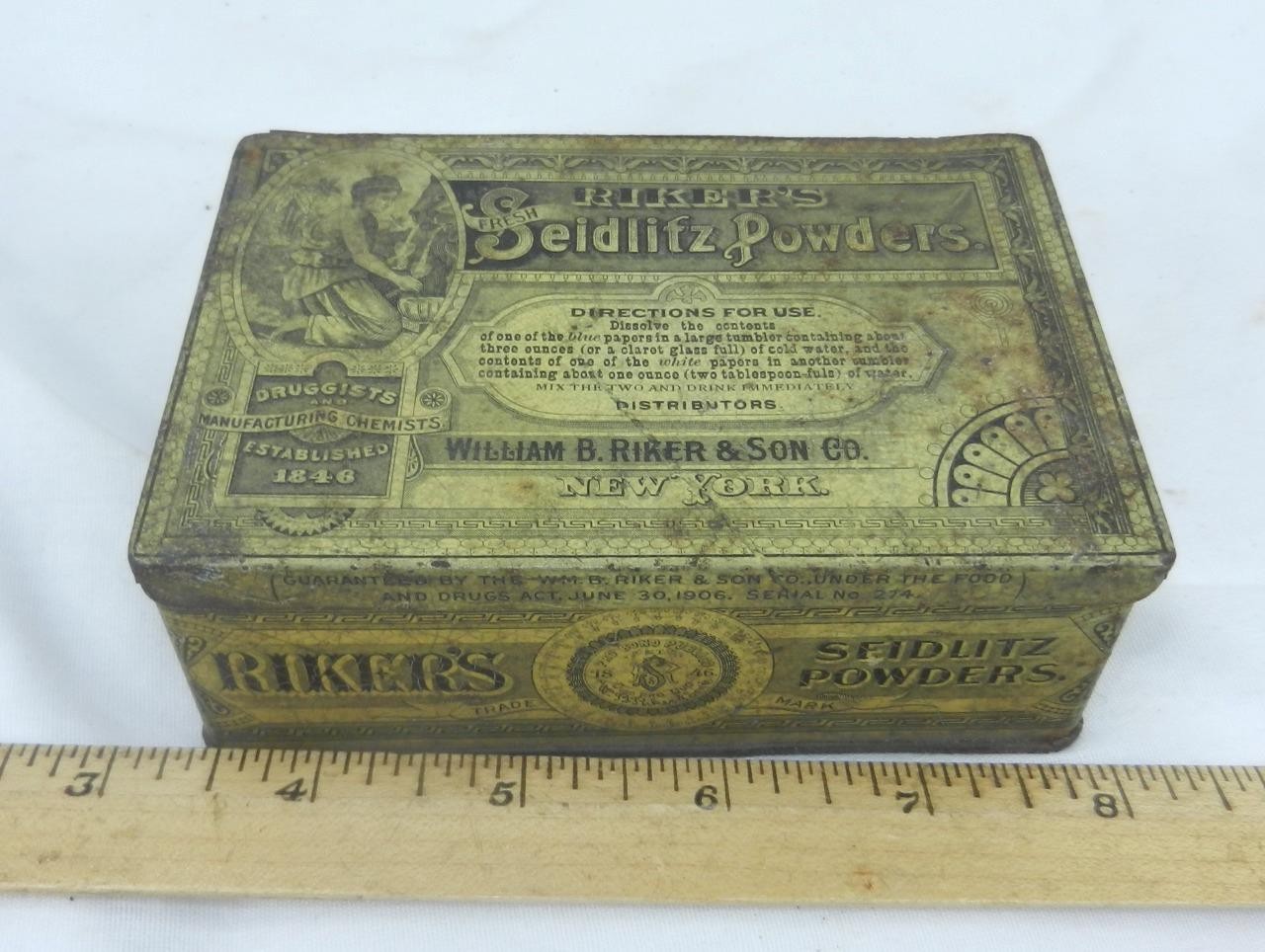 SEIDLITZ Powder Tin Litho Medicine Can William B Riker & Son Co New York Est1846