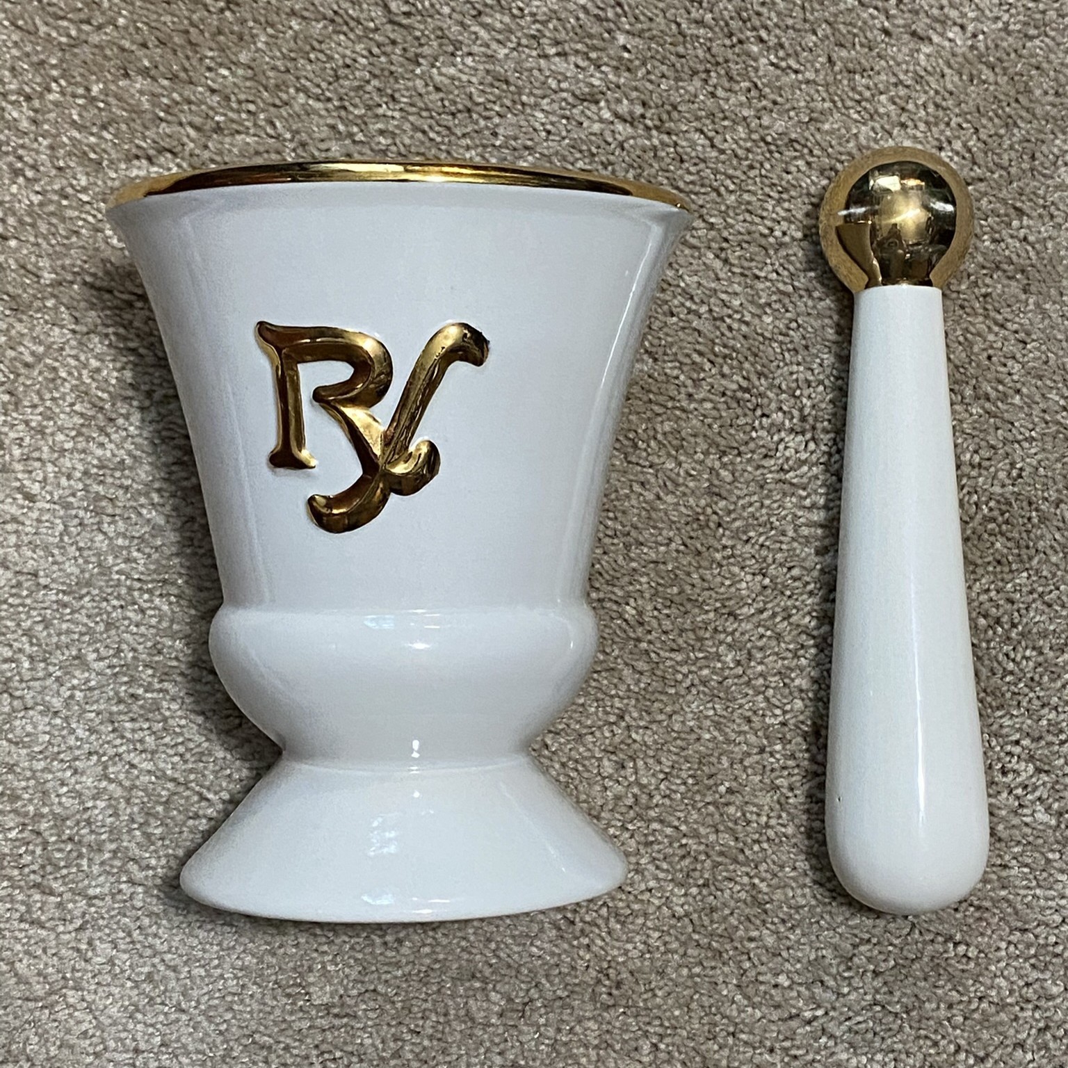 Vintage Owens-Illinois Porcelain Pharmacy Apothecary Mortar & Pestle Set Gold Rx
