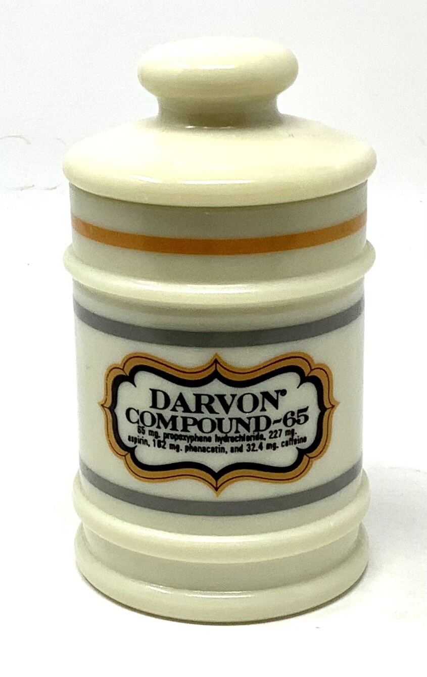 Vintage Apothecary Canister Jar Darvon Compound-65 with Lid Milk Glass 5 inches