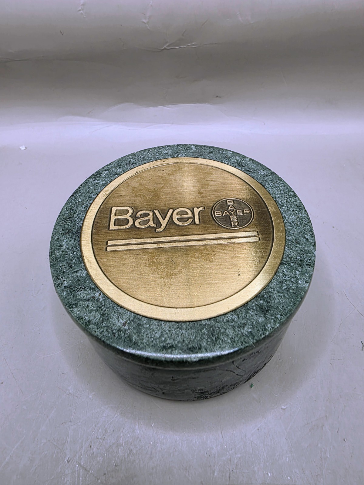 Vtg Rare Bayer Marble Trinket Box Brass Lidded Jewelry Case Pharma Promo Decor