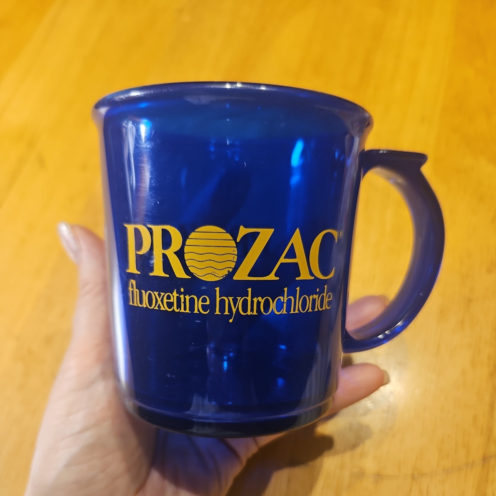 PROZAC 💊 Cobalt Blue Plastic Coffee Mug Cup Lilly 💊 Pharma Drug Advertising