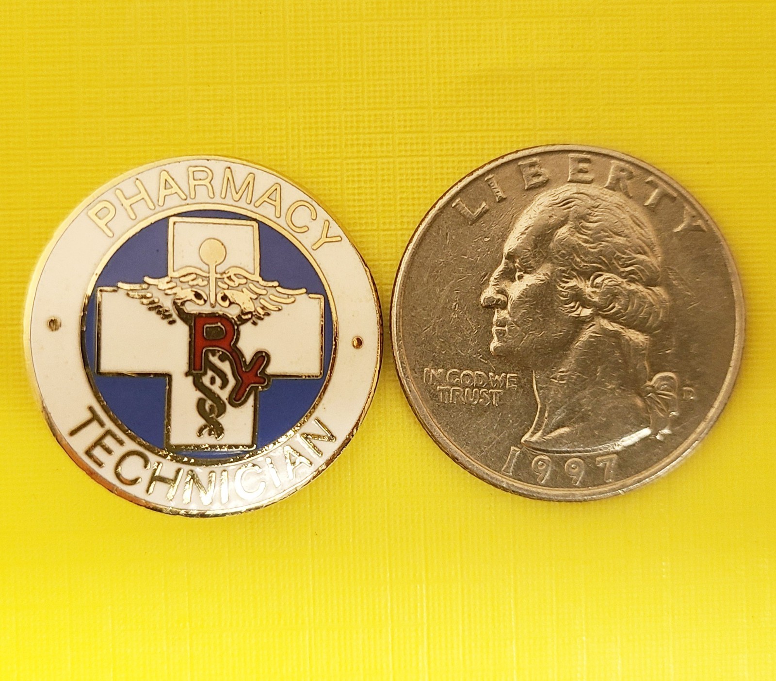 Vtg. PHARMACY TECHNICIAN Caduceus Rx Cross Round Enamel Lapel Pin