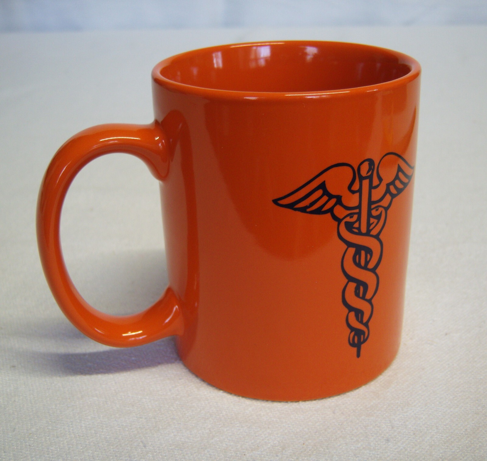 Vtg Medical Caduceus Symbol Orange Coffee 12 oz Mug 4″tall 3″ diameter EC