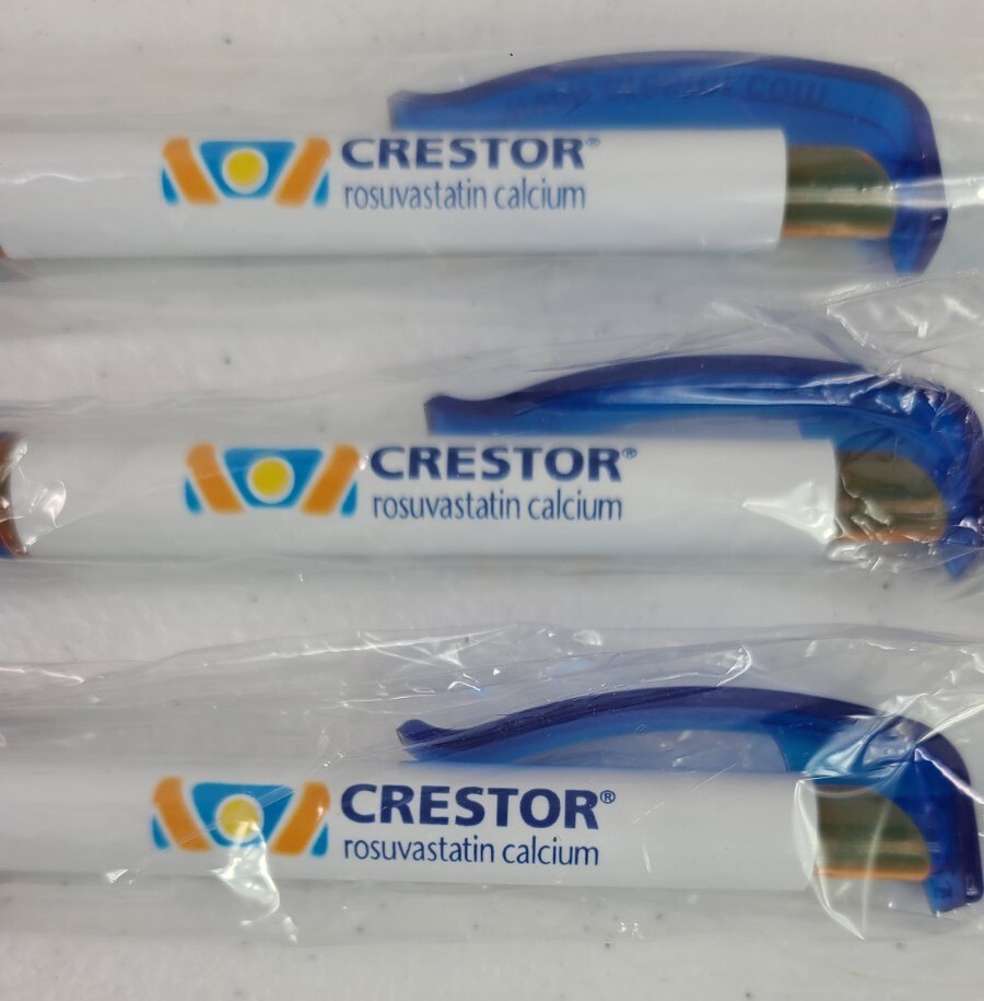 3 NEW Crestor Pens Clip Soft Grip Orange Blue White Rosuvastatin Drug Rep