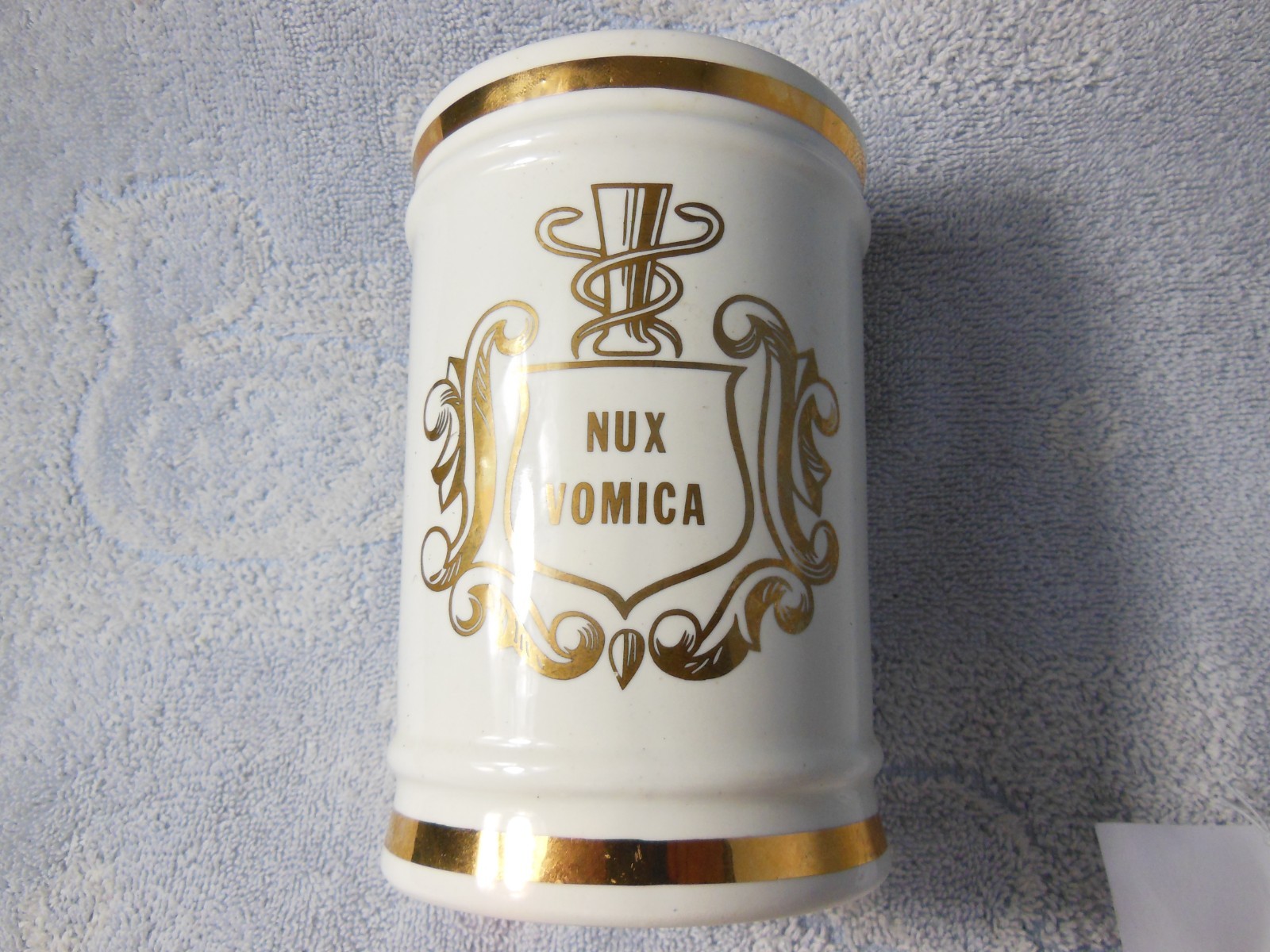 VINTAGE PHARMACY NUX VOMICA APOTHECARY CANISTER JAR WITH LID OWENS ILLINOIS