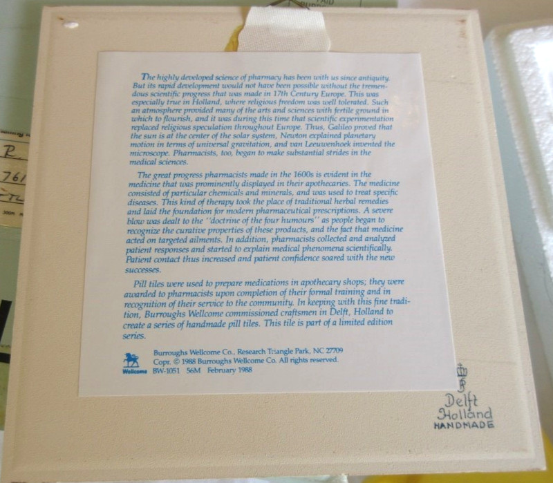 Burroughs Wellcome Delft Holland Apothecary Tile 1988 w Box Pharmacy