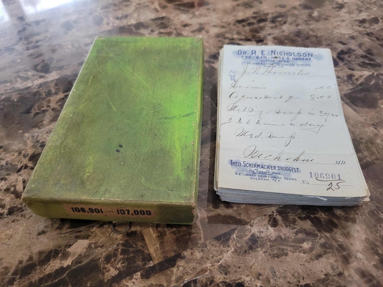 File Box & 97 antique prescriptions (1913) – Opium, Morphine, Dionin, Codeine