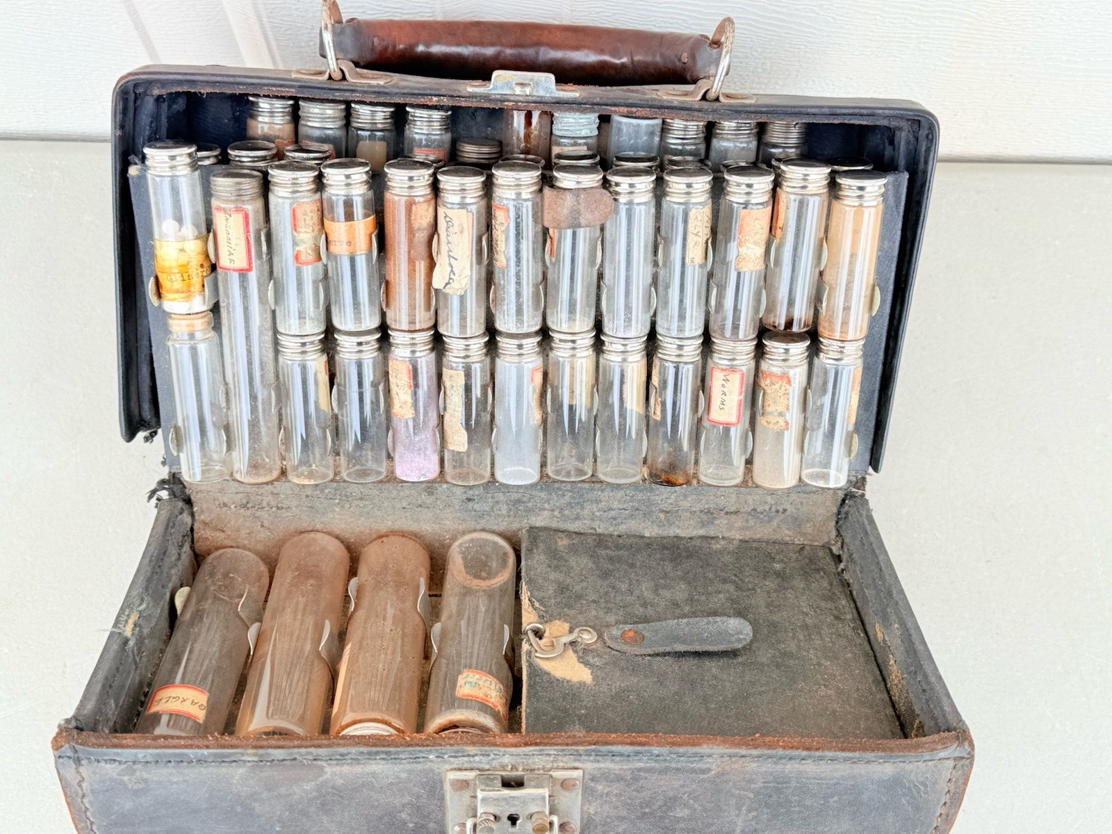 Antique Rare Doctor’s Medicine Kit Leather Travel Bag with Empty Vials