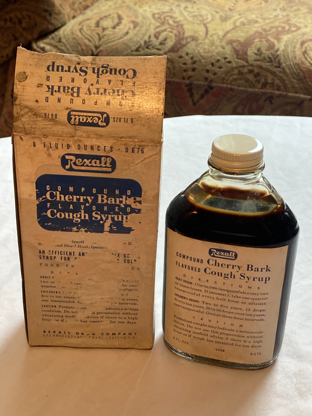 c1950s Compound Cherry Bark flavored Cough Syrup Rexall Drug Company Bottle