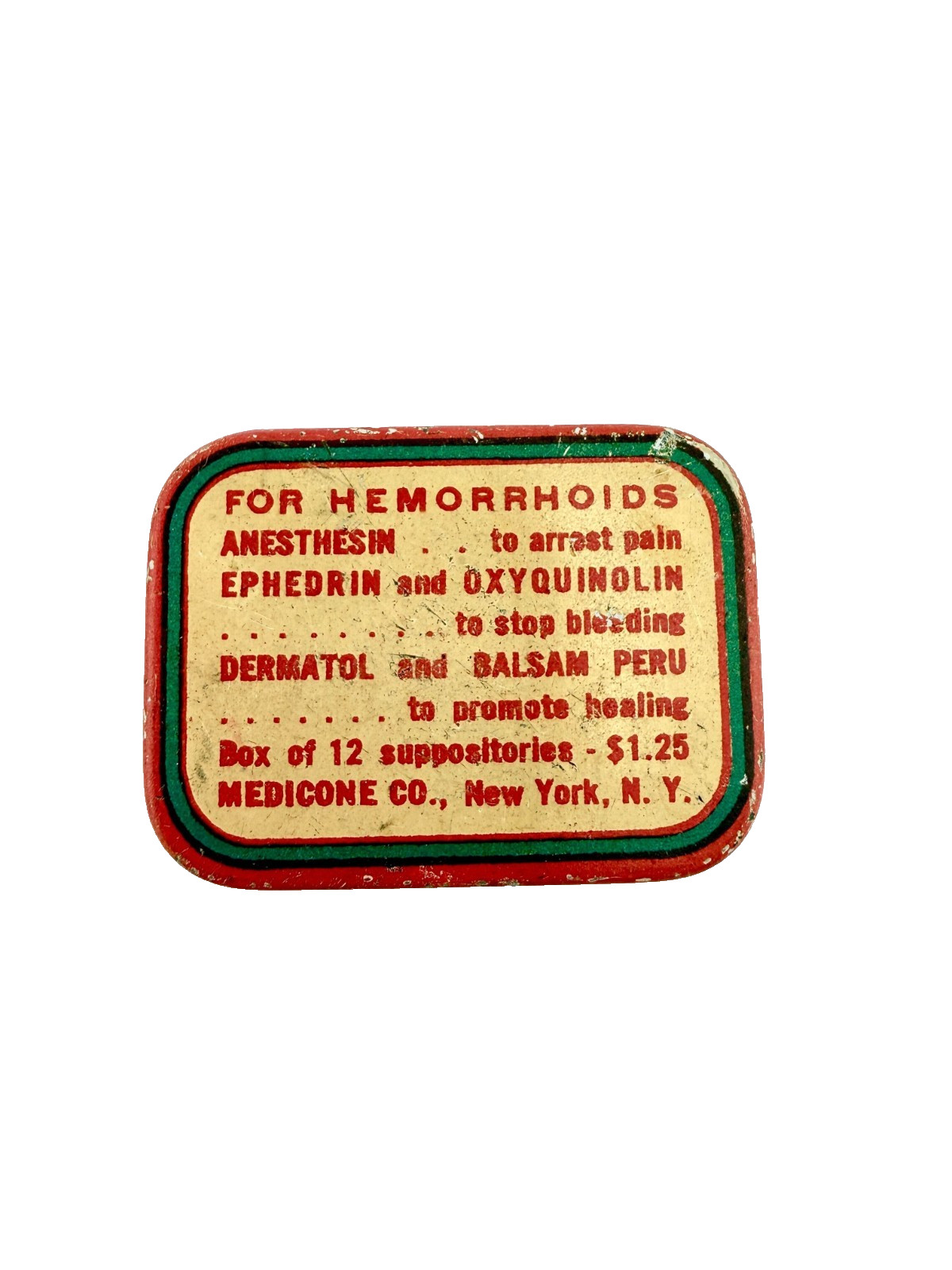 Vintage Rectal Medicone Hemorrhoid Suppository Tin w/ Instructions