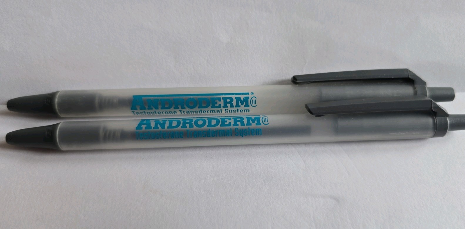 Androderm Plastic Pens x2 Pharmaceutical Drug Rep Promos Vintage Medical WRITES!