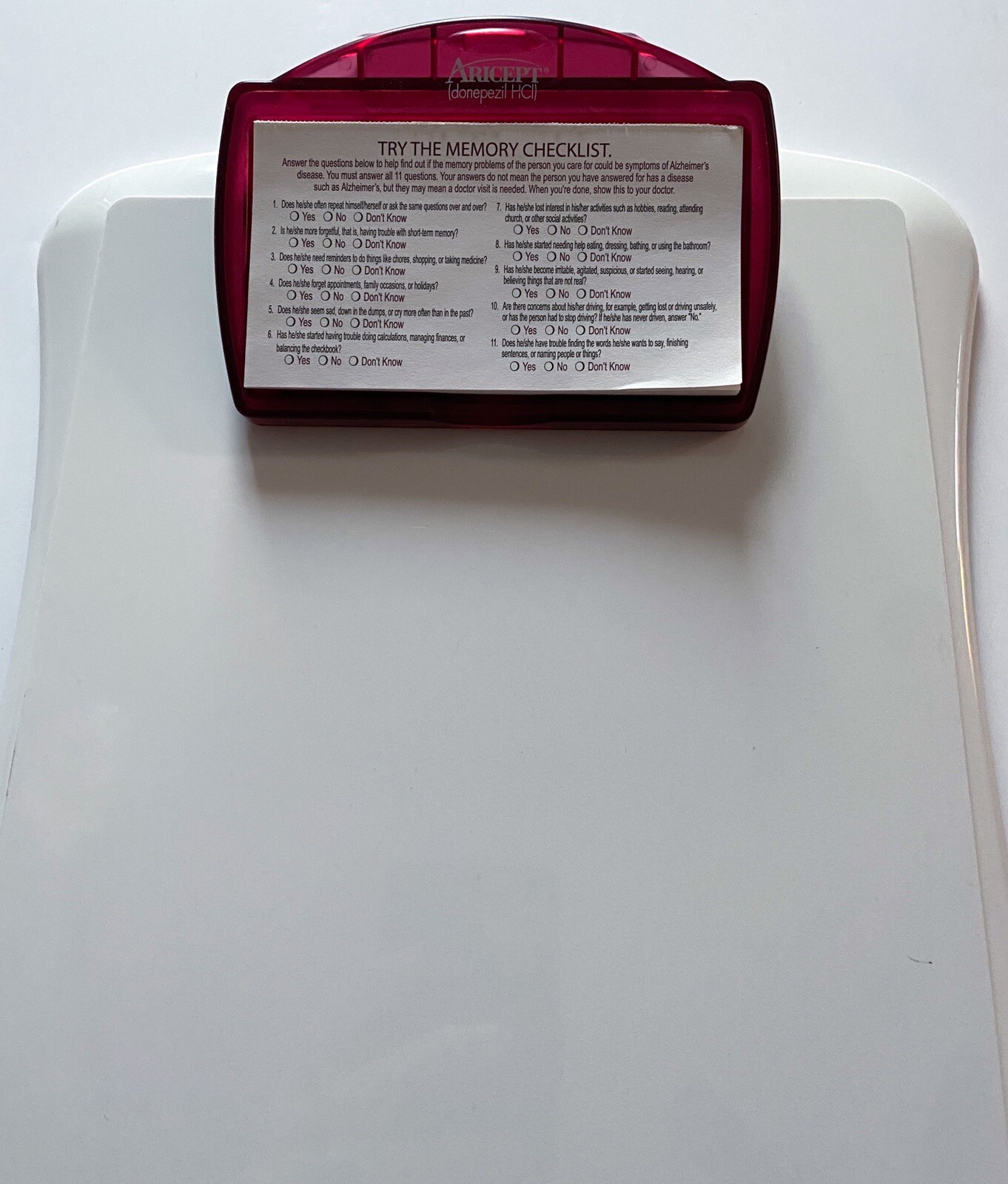 ARICEPT Pharmaceutical Drug Rep Promo Clipboard Dated 2004 RARE Memory Checklist